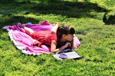 Genç bir kız güneşli bir günde parkta battaniyeye uzanmış bilgisayarında oynamaya ara veriyor..