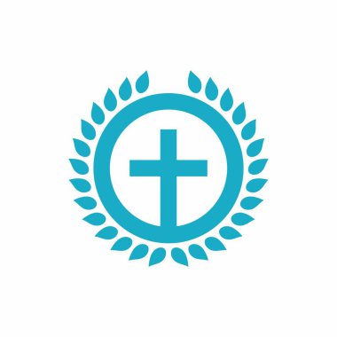 Çemberdeki bir haçın renkli çizimi, beyaz arkaplanda defne çelengi. Logo, amblem ve çıkartma için vektör çizimi. Dini bir tema üzerine illüstrasyon. Hıristiyan organizasyon logosu.