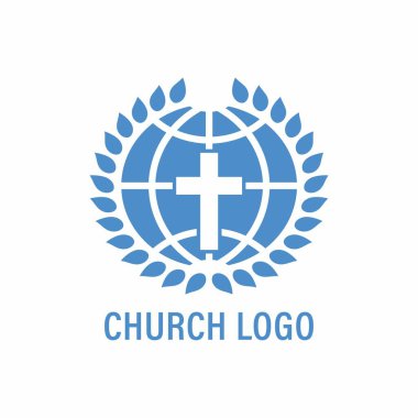 Renk illüstrasyonu Dünya küresi, defne çelengi, çapraz, beyaz arka planda mavi yazı. Logo, amblem, çıkartma için vektör çizimi. Kilise logosu. Dini bir tema üzerine resim.