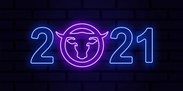 Renkli neon resimli boğa başı, daire, tuğla duvar zemininde numaralar. Poster, el ilanı, kartpostal, çıkartma için vektör illüstrasyonu. Çin Yeni Yılı 2021.
