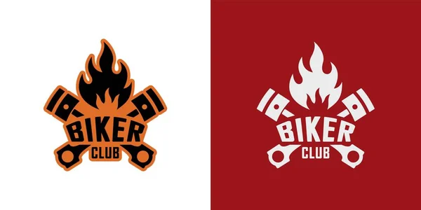 Kırmızı ve beyaz arkaplanda çapraz piston, metin ve alevlerin renk çizimleri. Logo, amblem, rozet ve çıkartma için vektör çizimi. Motosiklet kulübü sembolleri.
