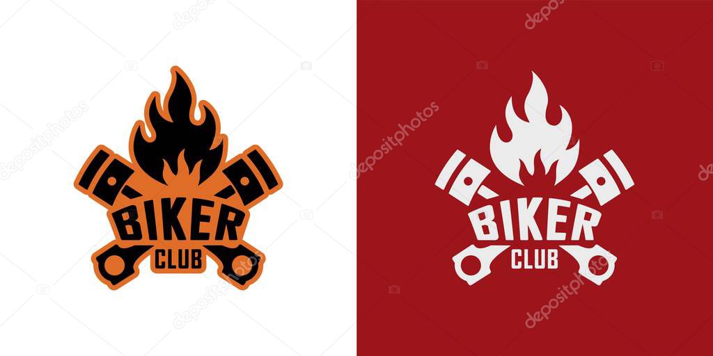 Set of color illustrations of crossed piston, text, flames on a red and white background. Vector illustration for logo, emblem, badge, sticker. Biker club symbols.