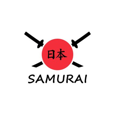 Çapraz kılıçlar, kırmızı daire, hiyeroglifler, beyaz arkaplanda yazı. Logo, amblem ve parmak izi için vektör çizimi. Hiyeroglifler Japonya olarak tercüme edilir..