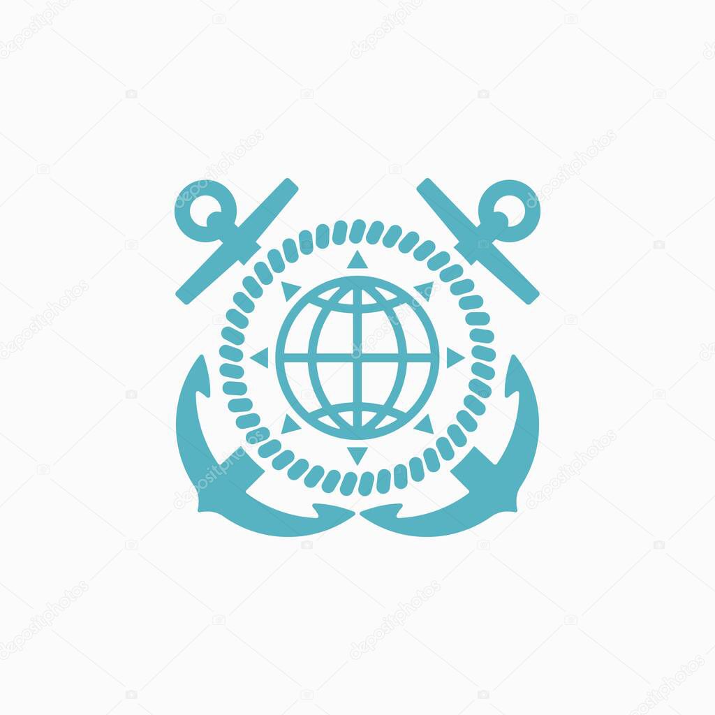 Color illustration of crossed anchors, rope, globe, compass on a gray background. Vector illustration for logo, emblem, badge, sticker. Symbols on the marine theme. Ocean cruise.