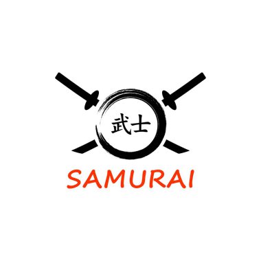 Çapraz kılıçların, dairenin, beyaz arkaplandaki hiyeroglifin renkli çizimi. Samuray sembolü. Japonca 'da samuray, savaşçı olarak tercüme edilen hiyeroglif sembolü..
