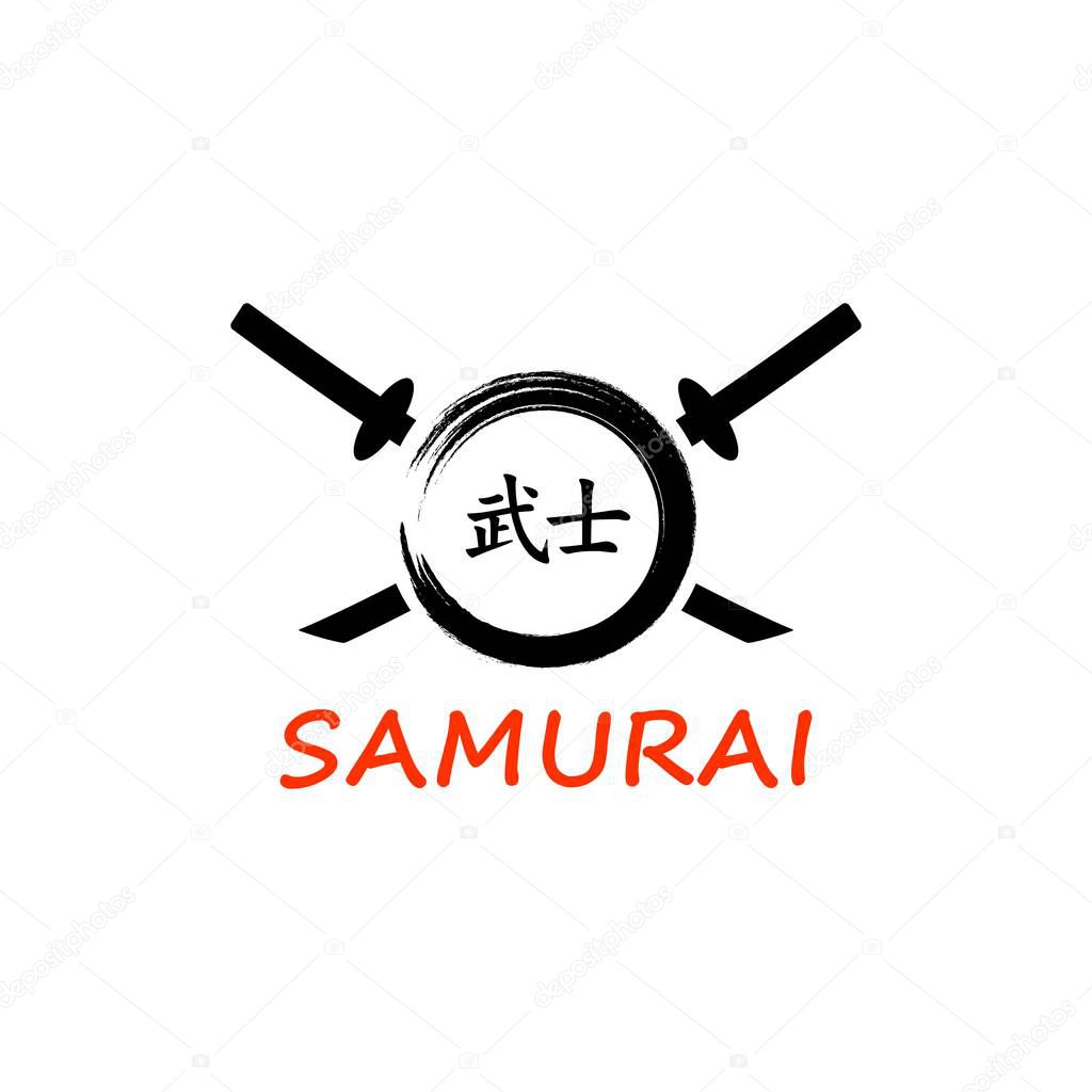 Colored illustration of crossed swords, circle, hieroglyph on white background.Vector illustration for emblem, print, label.Symbol Samurai.Hieroglyph from Japanese translates as samurai, warrior.