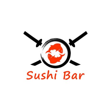 Arka planda balık, kılıç, daire ve metin renkleri var. Amblem, rozet, çıkartma ve etiket için vektör çizimi. Suşi bar reklamı..
