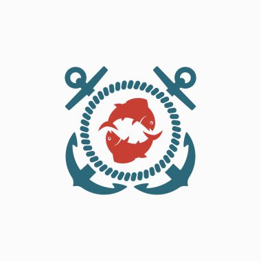 Çapraz çapraz çapa, ip, beyaz arka planda balık renkleri. Amblem, rozet, etiket, baskı için vektör çizimi. Balık ürünleri reklamı. Deniz ürünlerinin çıkarılması.