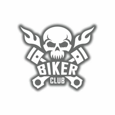 Beyaz arka planda siyah beyaz bir kafatası, alev, piston ve metin çizimi. Amblem, rozet, baskı ve etiket için klasik bir illüstrasyon. Bisiklet kulübü sembolü.