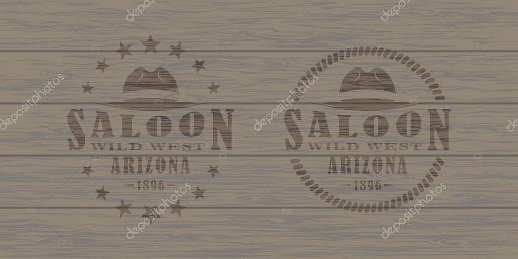 Color illustration of hat, lasso, stars and text on background with wooden texture. Vector illustration in vintage style for print, poster, icon and emblem. Advertising sign saloon.