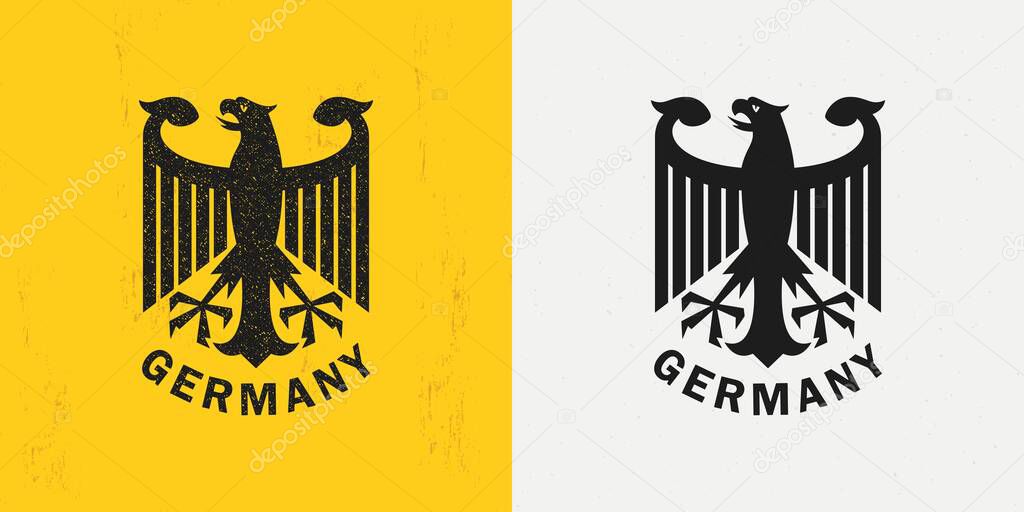 Set of color illustrations of an eagle, text on a background with a grunge texture. Vector illustration in vintage style for poster, print, emblem, badge. Heraldry of Germany.