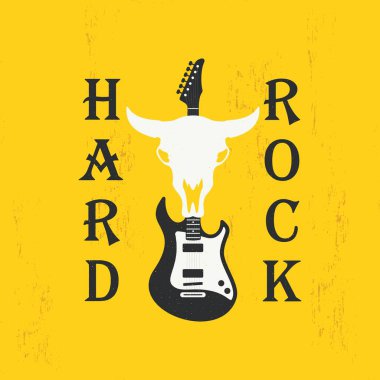 Gitarın renkli çizimi, boğa kafatası, arka planda dokusu olan bir metin. Poster, el ilanı, kartpostal ve amblem için klasik bir illüstrasyon. Sert kaya sembolü.