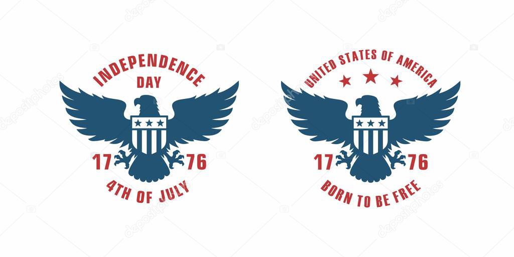 Set of color illustrations of eagle, shield, flag and text on background.Vector illustration in vintage style for poster, emblem, postcard, label. Independence Day of the USA. Symbols of the USA.