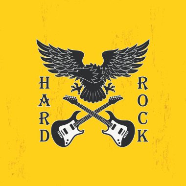 Renkli bir kartal çizimi, arka planda çapraz gitarlar ve yazı. Poster, el ilanı, amblem, etiket ve kartpostallar için klasik tarzda vektör illüstrasyonu. Müzik sembolizmi.
