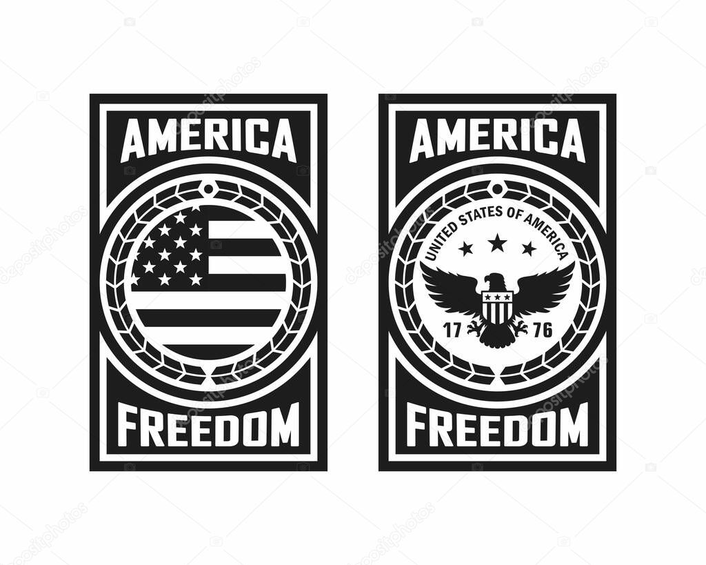 Set of black and white illustrations of an eagle, flag, laurel wreath, text on a white background. Vector illustration in vintage style for poster, print, sticker, label, emblem. Symbols of the USA.