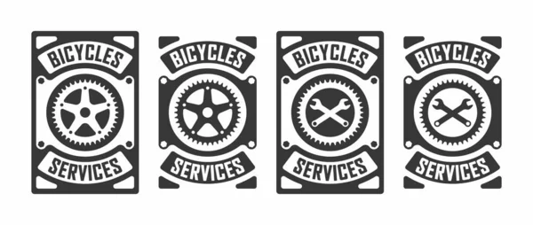 一组黑色和白色的齿轮插图 交叉扳手和文字背景 用于海报 徽章等古老风格的矢量插图 自行车服务 讲习班 — 图库矢量图片