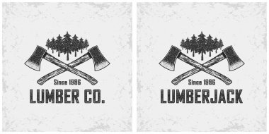Çapraz baltaların, ağaçların ve grunge desenli arkaplandaki yazıların renk çizimleri. Amblem, poster, etiket ve çıkartma için klasik tarzda vektör illüstrasyonu. Oduncu Jack. Kereste satışı.