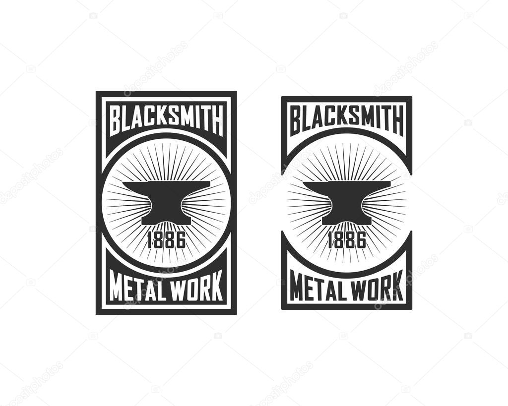 Set of black and white illustrations of anvil, rays, text on white background.Vector illustration in vintage style for emblem, poster, badge, label and sticker. Blacksmith services.