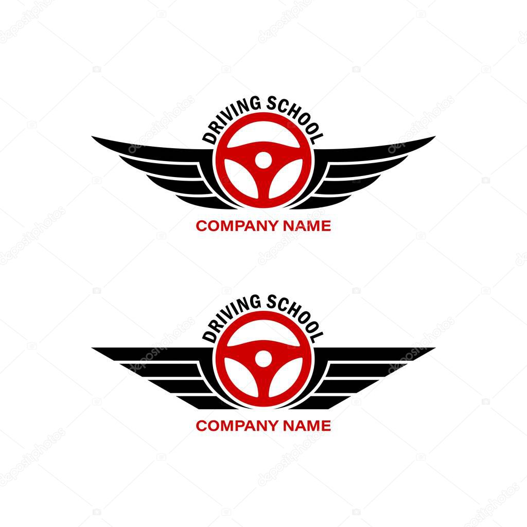 Set of color illustrations of wings, steering wheel, text on a white background. Design element for emblem, sticker, badge, label, icon. Vector illustration. Driving school symbol.