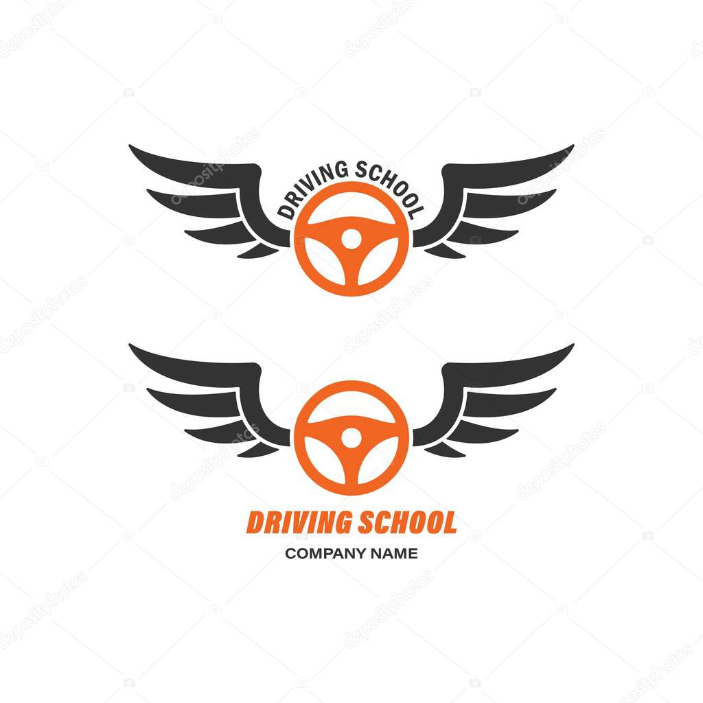 Set of color illustrations of wings, steering wheel, text on a white background. Design element for emblem, sticker, badge, label, icon. Vector illustration. Driving school symbol.