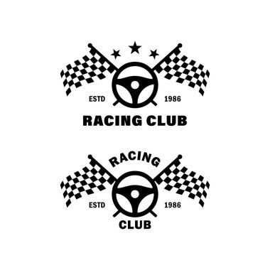 Direksiyon simidinin siyah beyaz çizimleri, çapraz bayraklar, yıldızlar ve beyaz arka planda yazılar. Amblem, etiket, çıkartma, rozet için tasarım elemanı. Vektör çizimi. Yarış Kulübü.