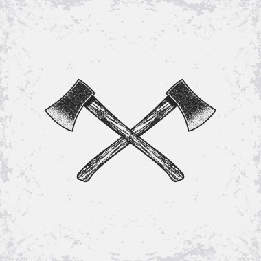 Arka planda grunge dokuya sahip çapraz baltaların siyah ve gri çizimi. Amblem, baskı, rozet, çıkartma, etiket için tasarım elemanı. Vektör çizimi. Oduncu sembolü.