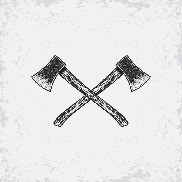 Arka planda grunge dokuya sahip çapraz baltaların siyah ve gri çizimi. Amblem, baskı, rozet, çıkartma, etiket için tasarım elemanı. Vektör çizimi. Oduncu sembolü.