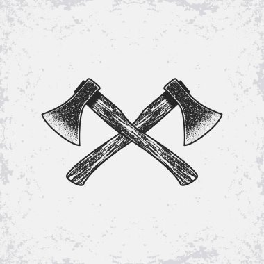 Arka planda grunge dokuya sahip çapraz baltaların siyah ve gri çizimi. Amblem, baskı, rozet, çıkartma ve etiket için tasarım ögesi. Vektör çizimi. Marangoz sembolizmi.