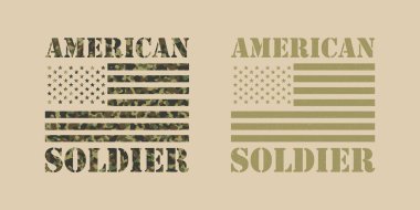 Bayrağın renk çizimleri, arka planda doku olan metinler. Poster, afiş, amblem, çıkartma ve etiket için tasarım ögesi. Vektör grafikleri. Amerikan Ordusu sembolü.