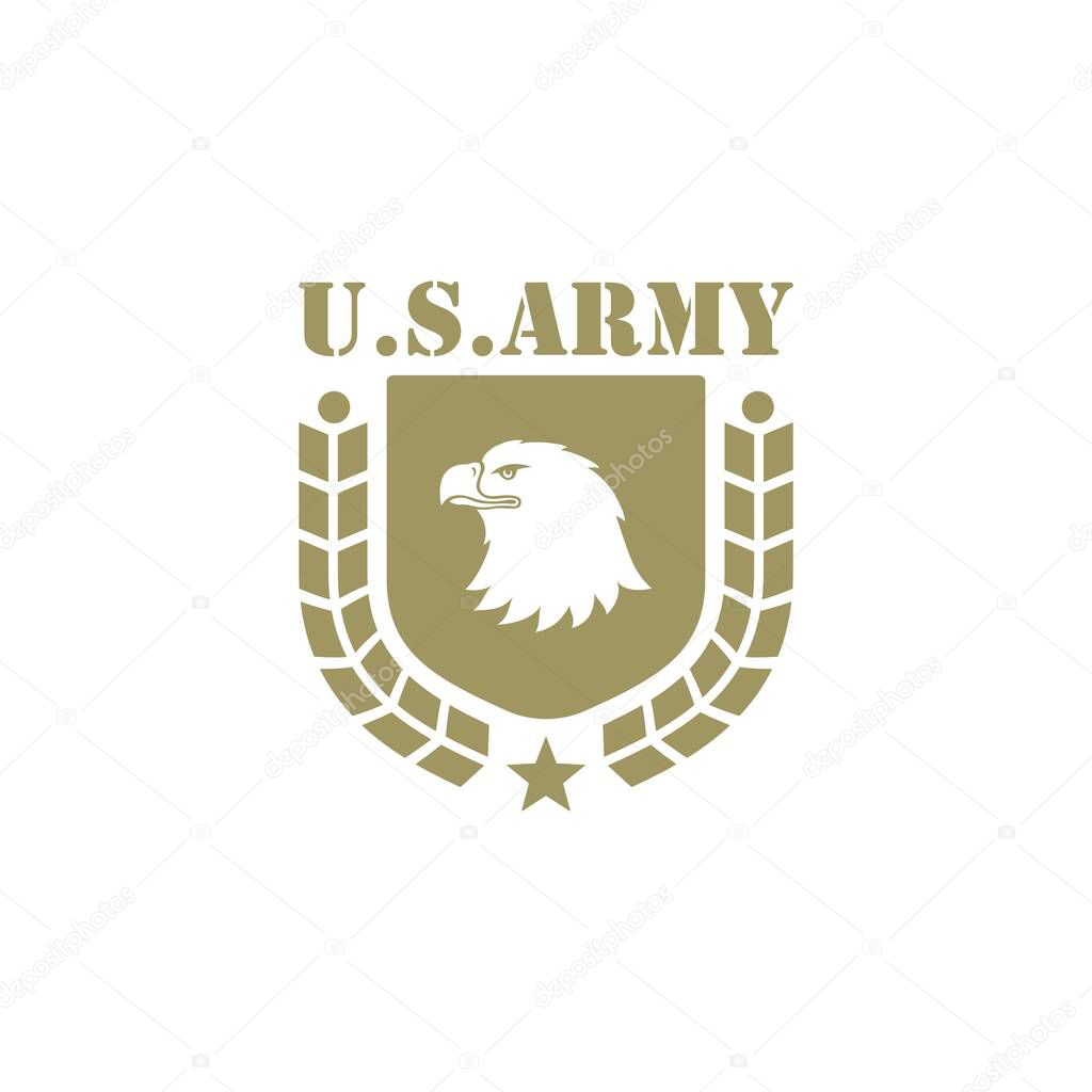 Color illustration of eagle head, shield, wreath, star and text on a white background. Design element for print, badge, emblem, sticker and label. Vector illustration. US Army insignia.