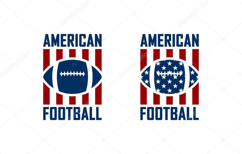 Set of color illustrations on a sports theme ball, flag on a white background. Design element for poster, banner, emblem, label, sticker and badge. Vector illustration. American football.