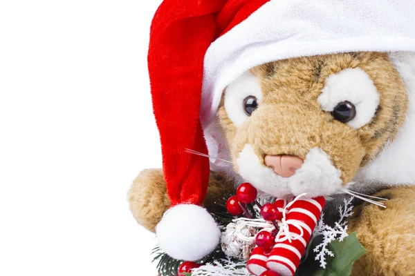 Cute toy tiger with Christmas wreath — Stock Photo, Image