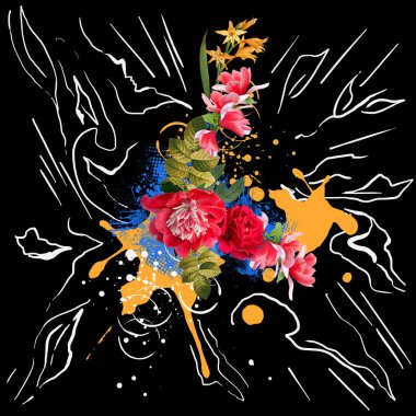 Siyah beyaz arka planda bir demet farklı renkli çiçek.