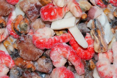 Donmuş karides, midye, deniz ürünleri, abur cubur..