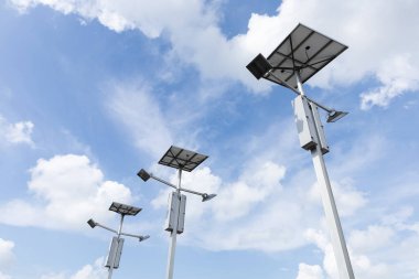 Outdoor solar cell LED flood light on blue sky