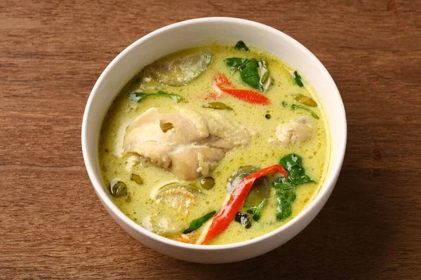 Chicken Drumstick Green Curry Bowl Old Wooden Table Thai Traditional — Stock Photo, Image