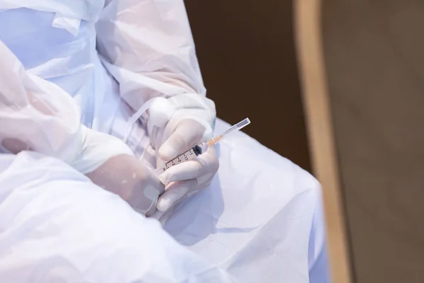 Closeup Covid Vaccine Single Use Plastic Syringe Ready Injection Patient — Stock Photo, Image
