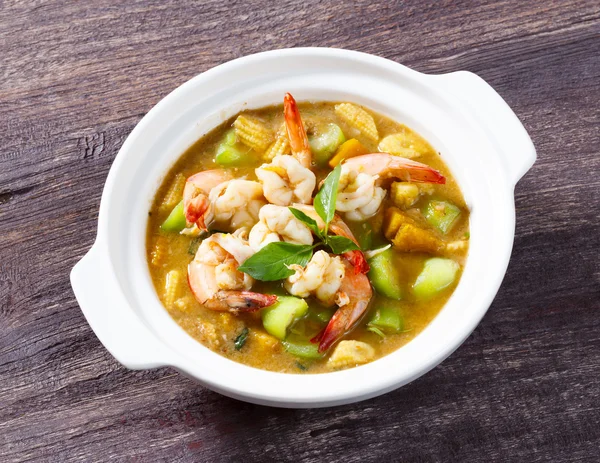 Thai spicy mixed vegetable soup with prawn — Stock Photo, Image