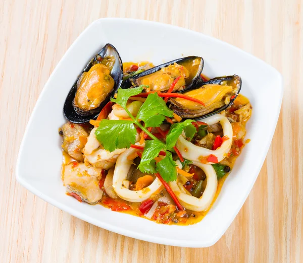 Thai style spicy stir fried seafood — Stock Photo, Image