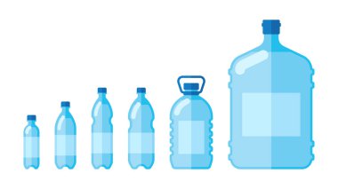 Vektör şişeleri hazır. Plastik şişeler. Çeşitli boyutlarda. İzole bir illüstrasyon. Koleksiyon