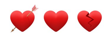 Vektör kalpler ayarlandı. Delinmiş, kırılmış ve tüm kalp sembolleri. İzole bir illüstrasyon. Koleksiyon