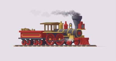 3D buhar lokomotifi. Treni beyaz arka planda biçiyorum. Vektör çizimi. Koleksiyon