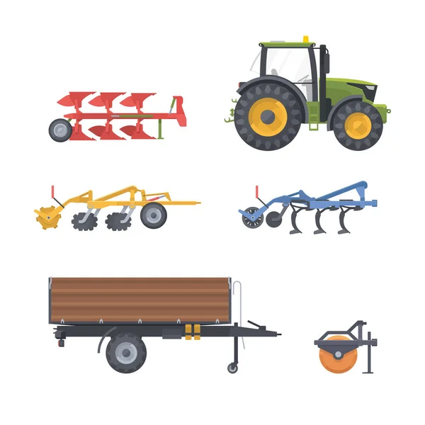 Conjunto Tractores Vector Flat Illustarion Máquina Agrícola Com Equipamento Trailer — Vetor de Stock
