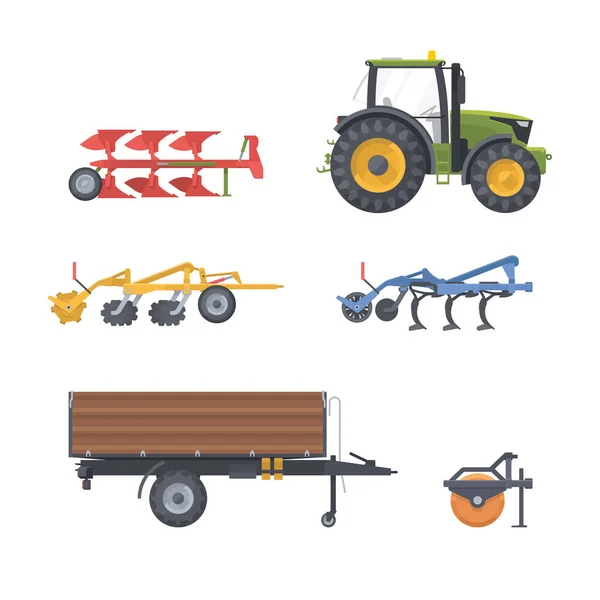 Juego Tractores Vector Plano Illustarion Máquina Agrícola Con Equipo Remolque — Vector de stock