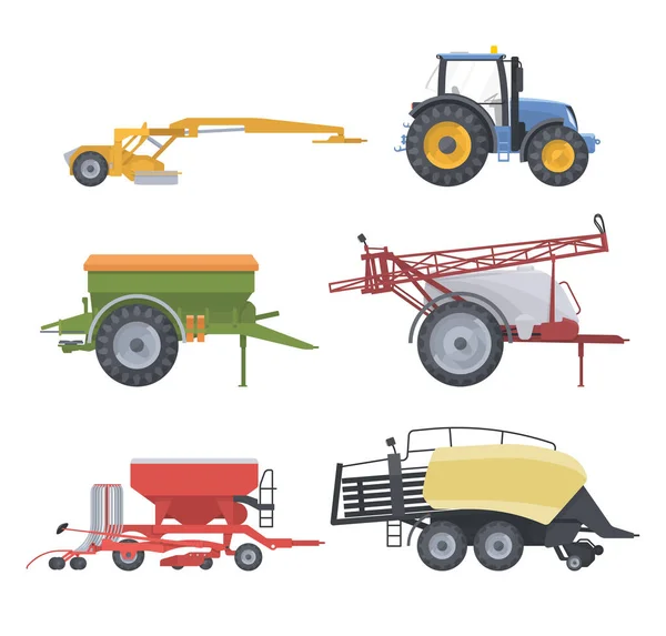 Juego Tractores Vector Plano Illustarion Máquina Agrícola Con Equipo Cortacésped — Vector de stock