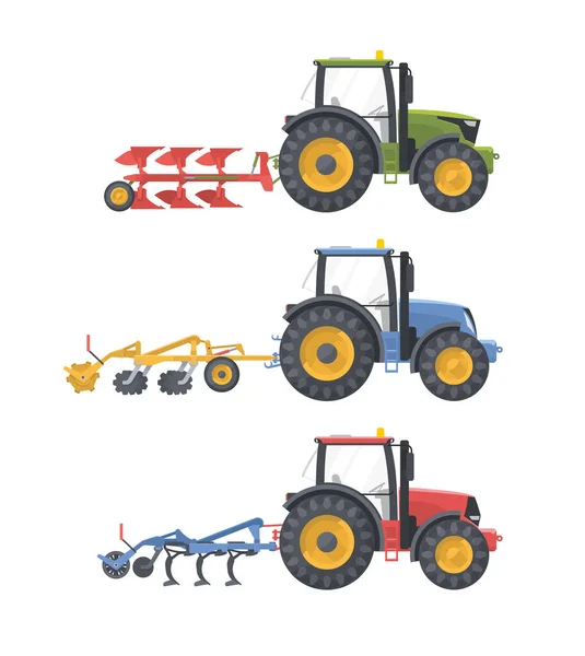 Juego Tractores Vector Plano Illustarion Máquina Agrícola Con Equipo Cultivador — Archivo Imágenes Vectoriales