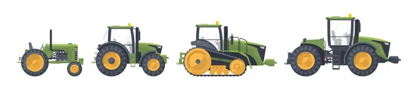 Traktor Beállítva Vektor Lapos Illúzió Mezőgazdasági Gép Gyűjtés — Stock Vector