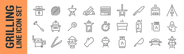 Grillen Vector Geïsoleerde Lijn Pictogram Ingesteld Bbq Barbecue Grill Inzameling — Stockvector