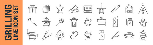 Grilling vector isolated line icon set. BBQ barbecue grill. Collection