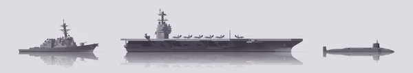 Vectoroorlogsschip Klaar Vliegdekschip Destroyer Onderzeeër Geïsoleerde Illustratie Inzameling — Stockvector